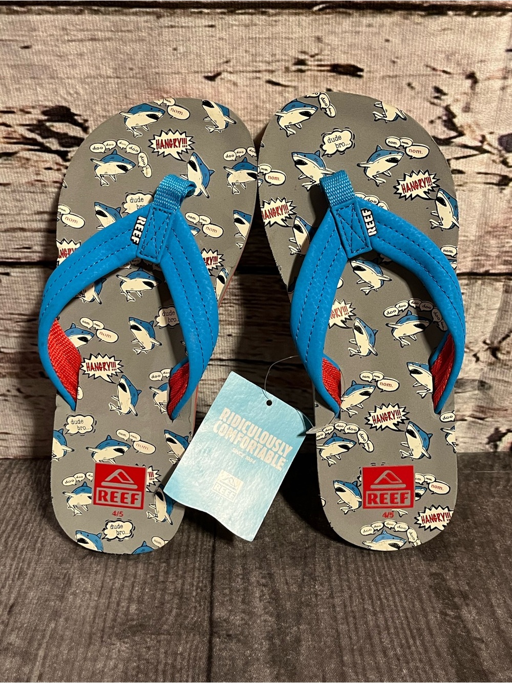 New!! Reef Kids Shark Graphic Flip Flops in Blue, Gray and Red